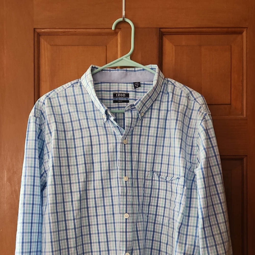 Izod Blue Casual Button Down Shirt with Classic Plaid Design